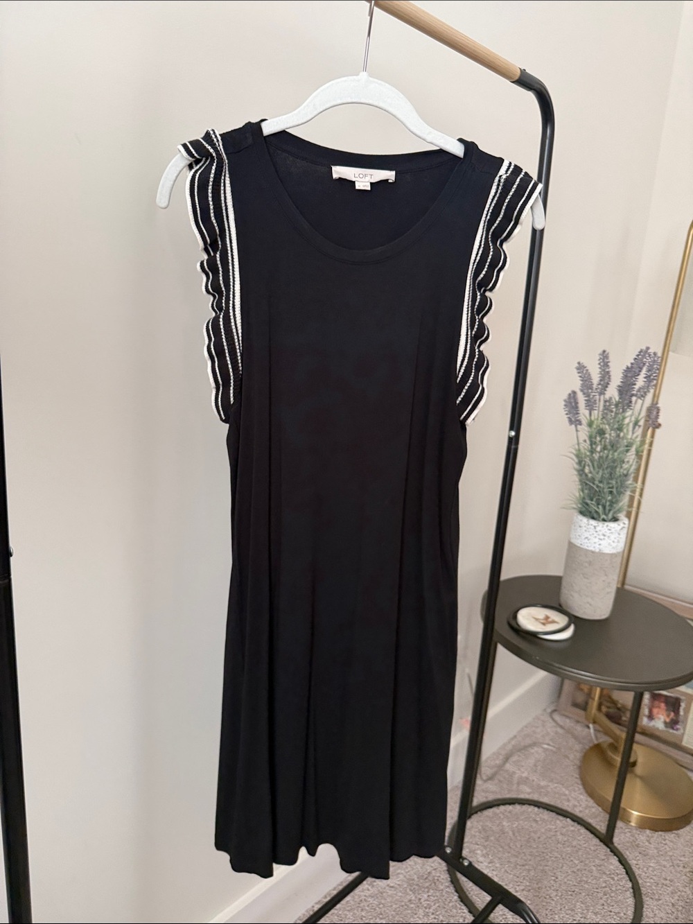 LOFT Black Sleeveless Dress with Ruffle-Trim Shoulders